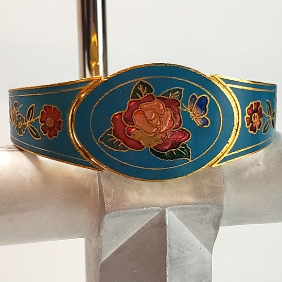 Vintage Cloisonné Rose & Butterfly Gold Tone Bracelet - Picture 4 of 5